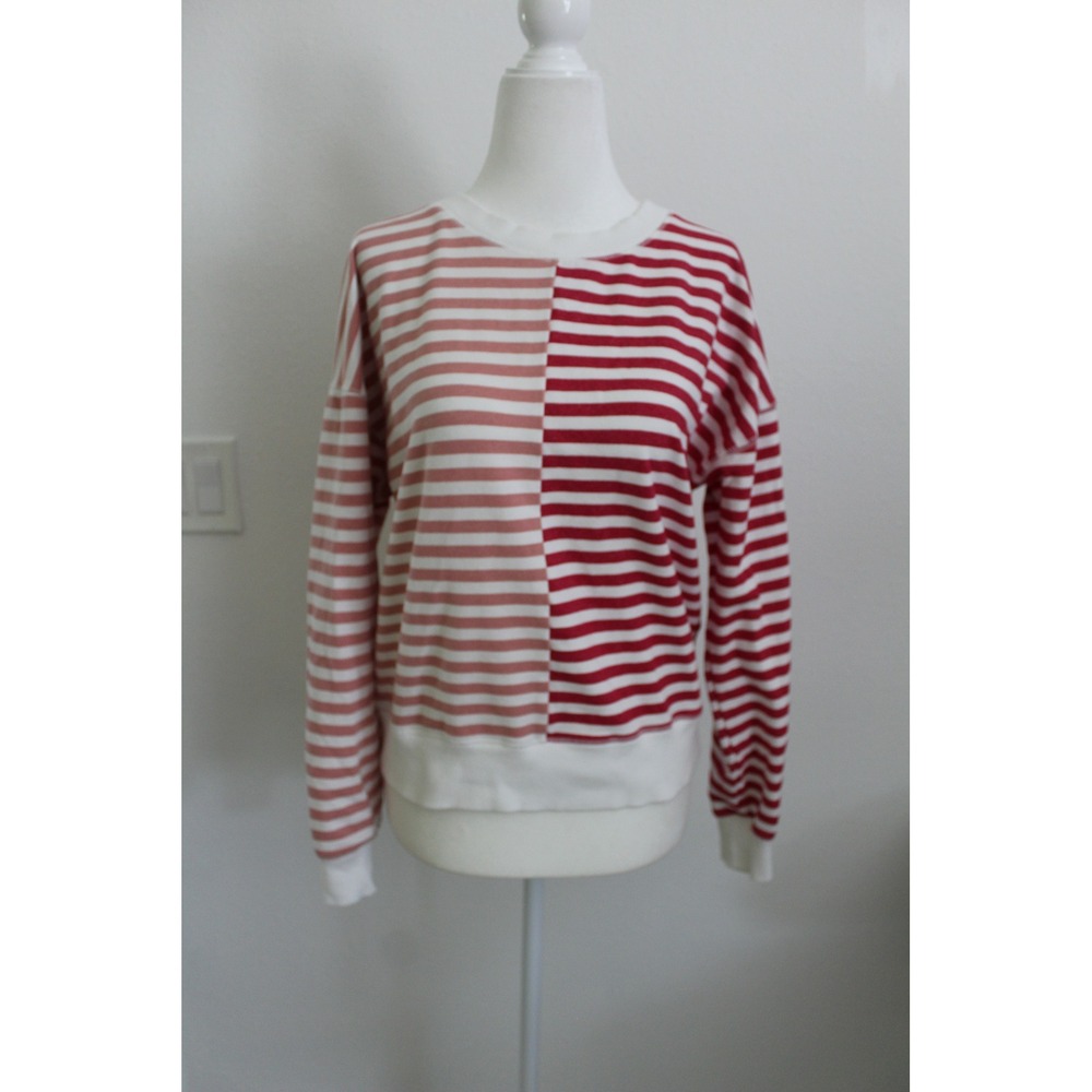 Evereve Womens Red Pink Striped Colorblock French Terry Sweatshirt Size S
